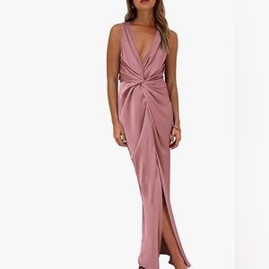 Women's Satin Ruched Bodycon Dress Twist Front V Neck Sleeveless Split Maxi